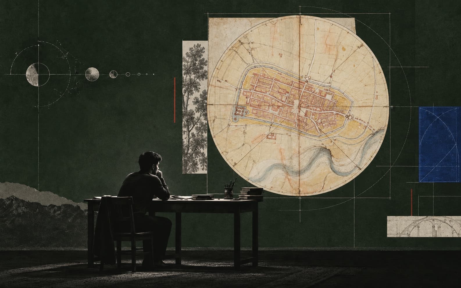 Collage on a dark green field: a seated silhouette at a desk, Leonardo’s plan of Imola, lunar diagrams, a golden-ratio spiral, and botanical and architectural fragments.